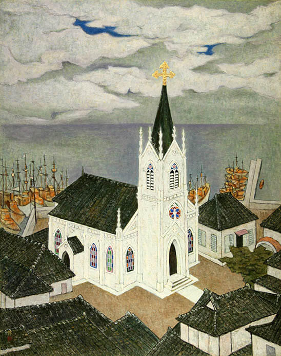 斉藤惇　《海辺の天主堂》　昭和49（1974）年　再興第59回院展　紙本着色　通期展示


