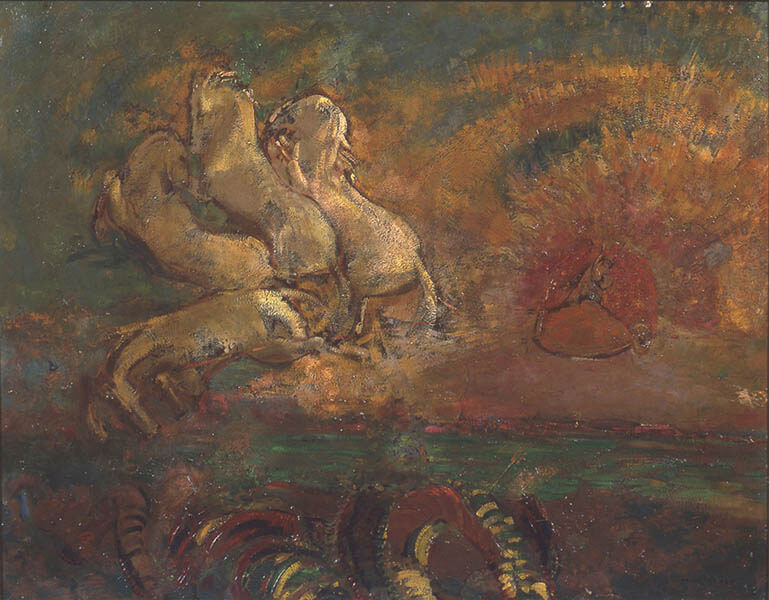 オディロン・ルドン≪アポロンの二輪車と大蛇≫1905年、山王美術館蔵

