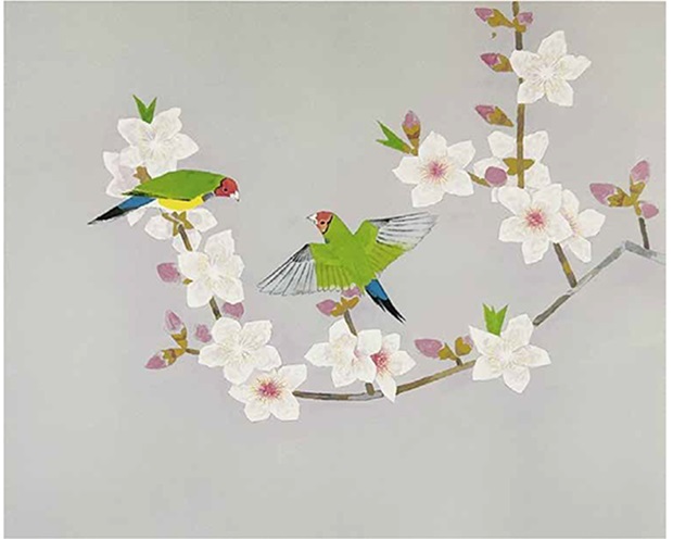 上村松篁「鳥語」 （リトグラフ、縦37.7×横45cm）