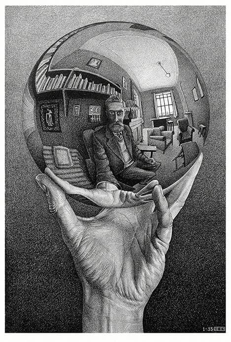 M.C.エッシャー《写像球体を持つ手》 1935 年 リトグラフ
Maurits Collection, Italy
All M.C. Escher works © 2023 The M.C. Escher Company. All rights reserved
www.mcescher.com

