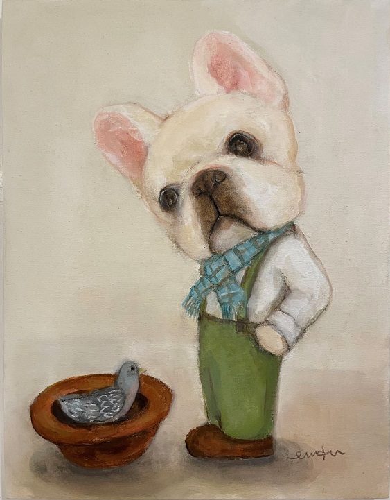 「小鳩ぼうし」

2023年

Acrylic on canvas

F6号

 

おでかけしようとしたら、お気に入りの茶色の帽子に小鳩さん。どうしよう？小鳩さんもお気に入りなのか…。