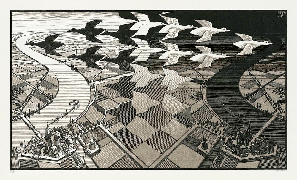 M.C.エッシャー《昼と夜》 1938 年 木版
Maurits Collection, Italy
All M.C. Escher works © 2023 The M.C. Escher Company. All rights reserved
www.mcescher.com

