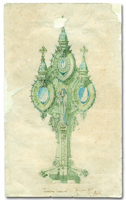 アントニ・ガウディ《聖遺物箱・聖体顕示台のデザイン》1878年、レウス市博物館
© MUSEUS DE REUS.INSTITUT MUNICIPAL REUS CULTURA
