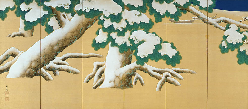寺崎廣業　《春海雪中松図（左隻）》大正3（1914）年　絹本着色　後期展示

