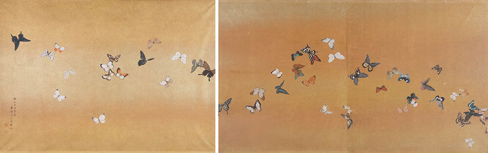 池上秀畝《飛蝶》　昭和12年（1937）　紙本着色3面のうち2面　個人蔵

