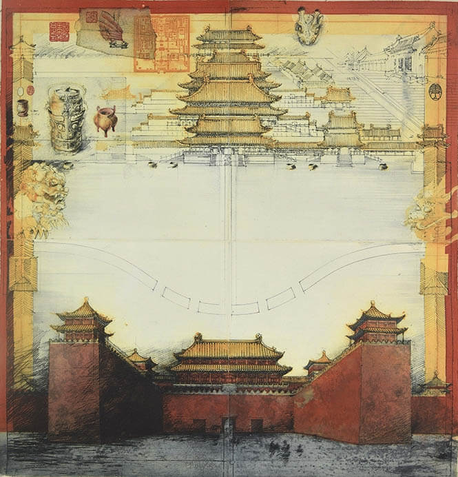 ヨルク・シュマイサー　1942-2012　故宮への入口、北京　1981年
ソフトグランド・エッチング、アクアチント、エッチング