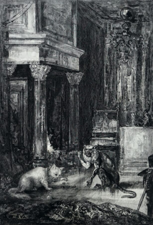 ギュスターヴ・モロー（原画）、フェリックス・ブラックモン（刻）《猿と猫「ラ・フォンテーヌの寓話」より》1886