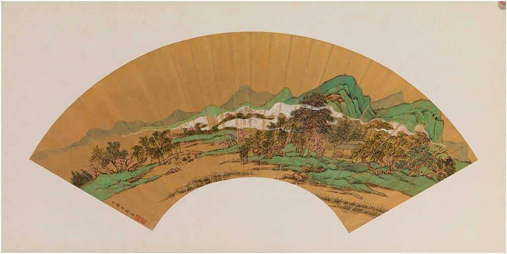 「青緑山水図」(《清朝名人便面集珍》のうち)赫奕(1655~1731)筆、中国、清時代・17～18世紀　大倉集古館蔵