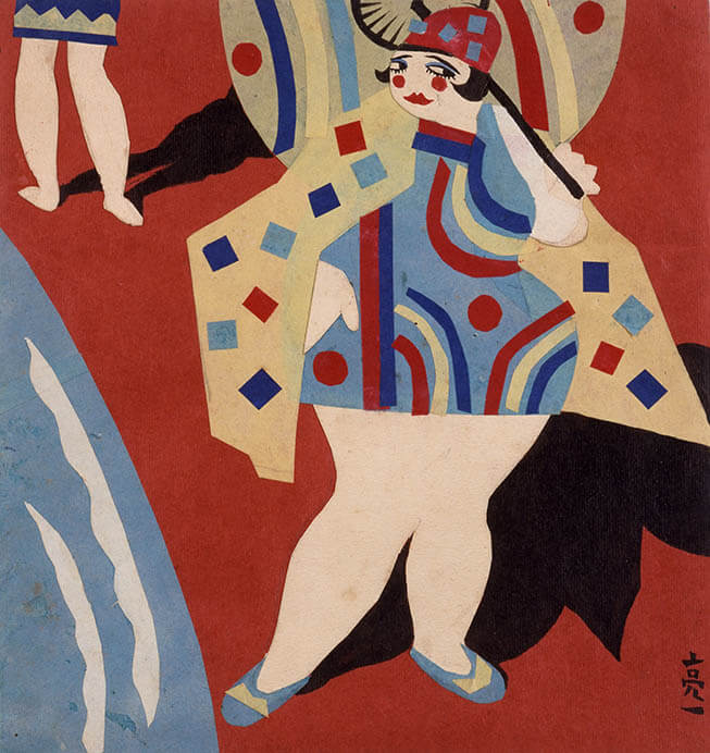 安本亮一「東京パック」原画集より《ショウ・ウィンドーからぬけて来た女（張紙細工）》1928 年　墨、コラージュ、紙