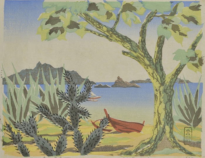武藤六郎《無人島と赤きカノー（小笠原島）》1935、木版、町田市立国際版画美術館蔵