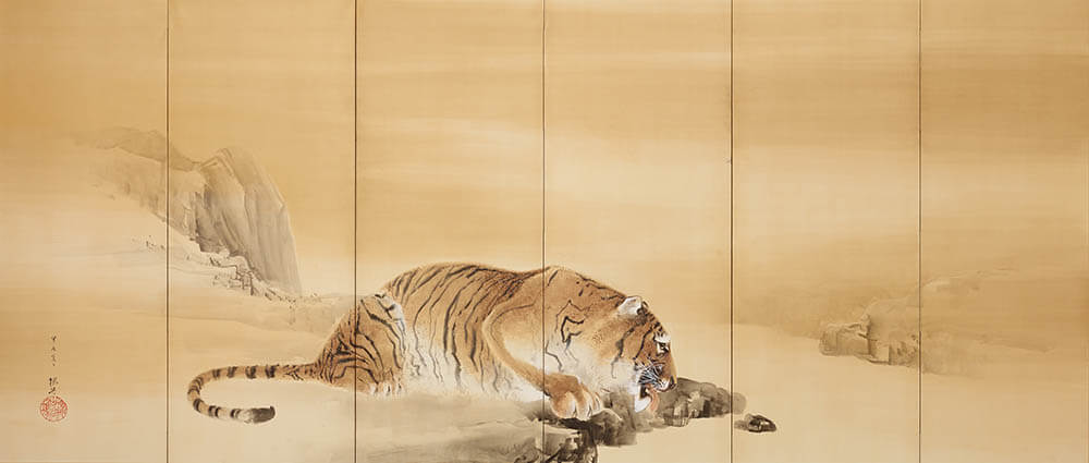 木島櫻谷《獅子虎図屏風》（左隻） 明治37年（1904）個人蔵