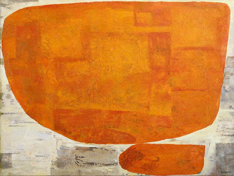 桂ゆき《ふたつのオレンジ色のかたち》1960 年　油彩、和紙・キャンバス