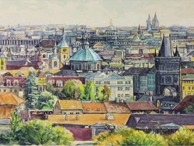 「プラハの街遠望」 （水彩画、4号）