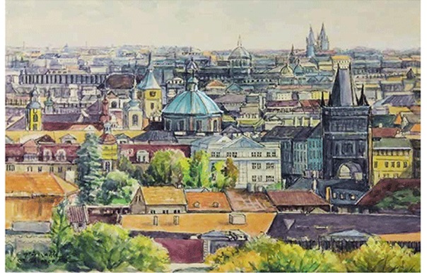 「プラハの街遠望」 （水彩画、4号）