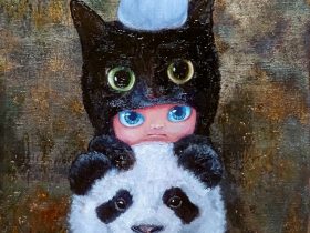 「パンダと猫と文鳥とボク」F6号　油彩、水性アルキド樹脂絵具、銀箔、キャンバス