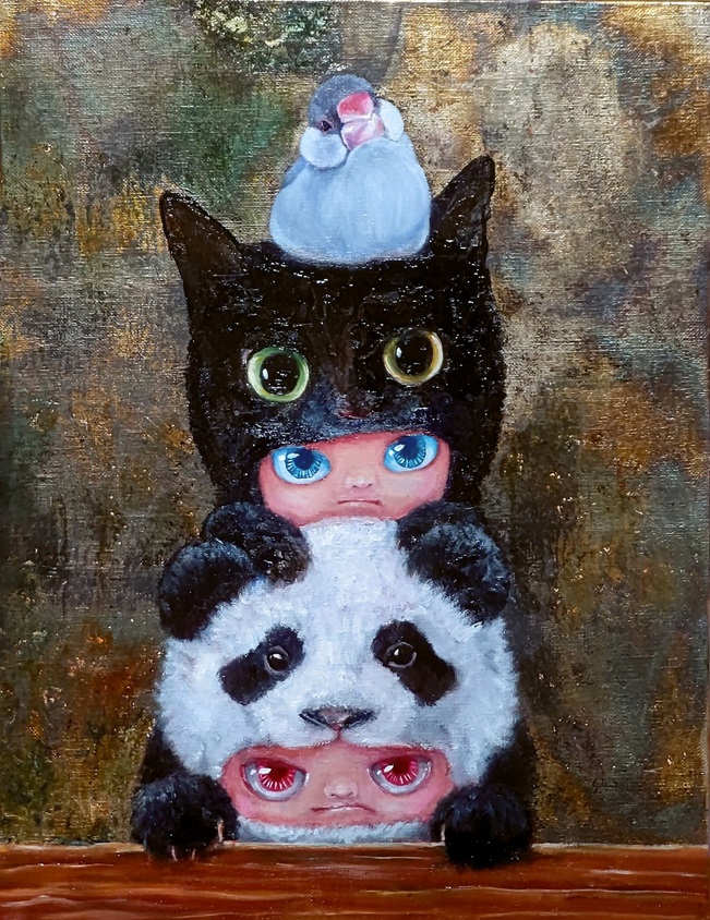 「パンダと猫と文鳥とボク」F6号　油彩、水性アルキド樹脂絵具、銀箔、キャンバス