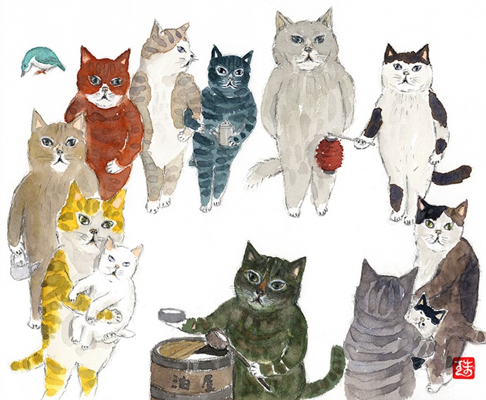 「油屋に列をつくる猫たち」4号変形 透明水彩