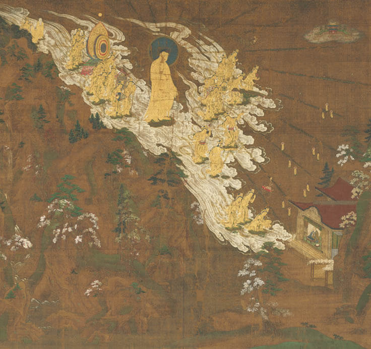 国宝　阿弥陀二十五菩薩来迎図（早来迎）　鎌倉時代・14世紀　京都・知恩院蔵　前期展示