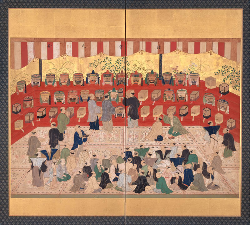《鶉会之図屛風》江戸後期（1751-99年）、江戸東京博物館蔵［5/26まで展示］