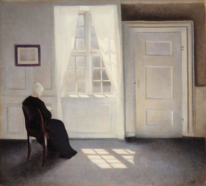 ヴィルヘルム・ハマスホイ《陽光の中で読書する女性、ストランゲーゼ30番地》1899年
