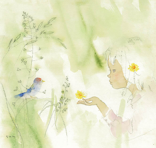 いわさきちひろ　草むらの小鳥と少女　1971年