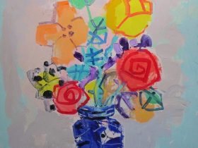 ポール・アイズピリ「黄色のチューリップと赤いバラ」油彩40号