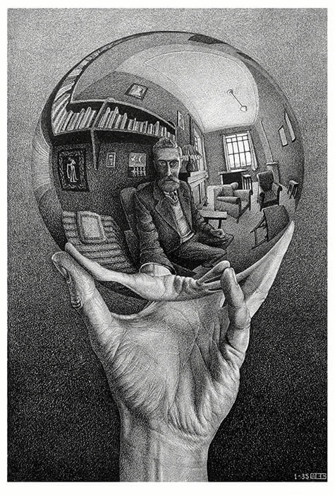 写像球体を持つ手 1935年 リトグラフ Hand with Reflecting Sphere 1935 Lithograph M.C. Escher Foundation Collection, The Netherlands All M.C. Escher works © 2023 The M.C. Escher Company, Baarn, The Netherlands. All rights reserved mcescher.com
