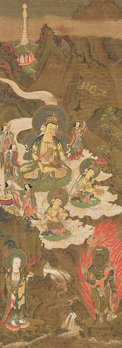 弥勒菩薩来迎図　１幅　絹本着色　南北朝時代　117.9×41.9 cm 奈良国立博物館　（展示期間：4月20日～5月19日）