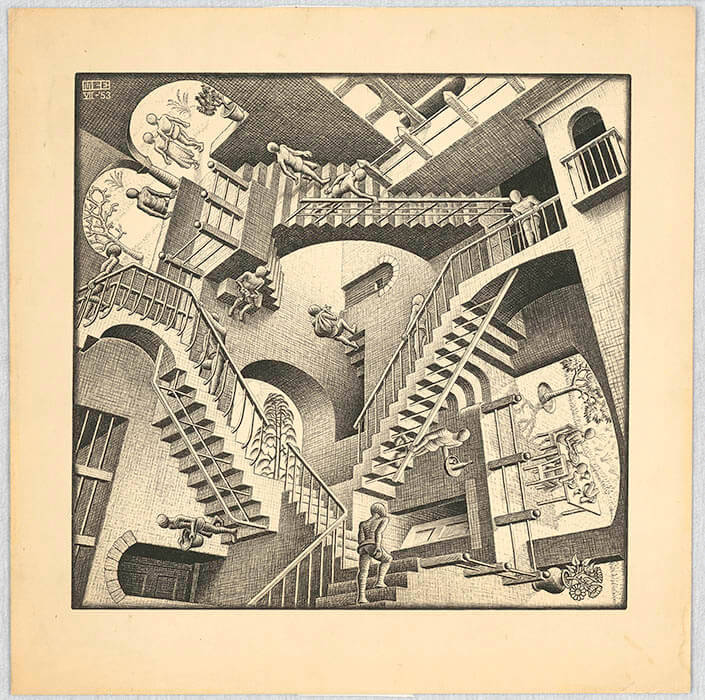 相対性 1953年 リトグラフ Relativity 1953 Lithograph Maurits Collection, Italy All M.C. Escher works © 2023 The M.C. Escher Company, Baarn, The Netherlands. All rights reserved mcescher.com