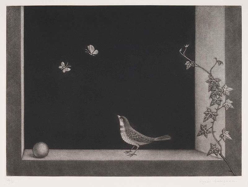 《小鳥と胡蝶》1961年　メゾチント　個人蔵（群馬県立近代美術館寄託）