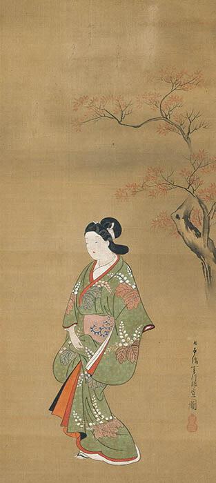 菱川師宣《紅葉下立美人図》1幅、元禄元～7年(1688～94)、個人蔵【通期展示】