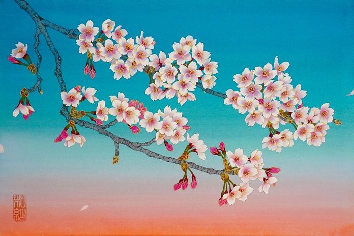 「風澄む桜」

6P
アートクロス、墨、岩絵具、水干、金泥雲母