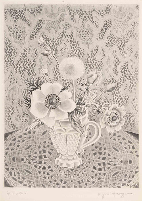 《花（切子ガラスに挿したアネモネと草花）》　1944-45年 アクアチント　個人蔵（群馬県立近代美術館寄託）