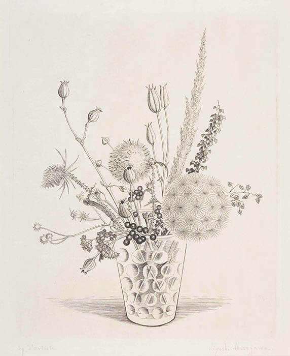 《コップに挿した枯れた野花》1950年　エングレーヴィング　個人蔵（群馬県立近代美術館寄託）