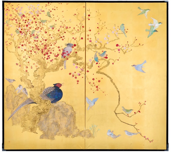 『詩歌の庭 「紅梅」』 二曲一隻金屏風　H165×W185cm　絹本、墨、岩絵具