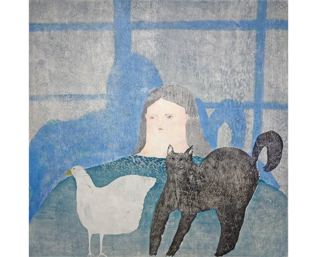 〔黒猫と鳥の作品〕 「rain sound Ⅵ」910 × 915mm　水性木版画