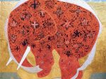 「踊る赤象」 岩絵具・膠・和紙 サイズ：81.8×90.9cm