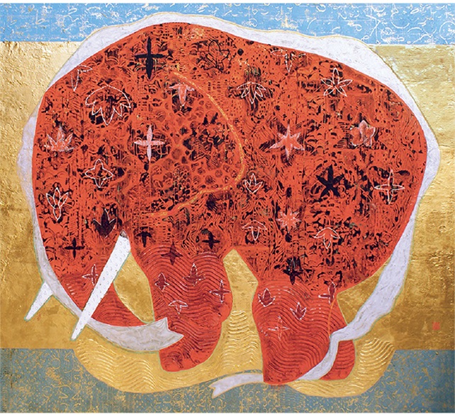 「踊る赤象」 岩絵具・膠・和紙 サイズ：81.8×90.9cm