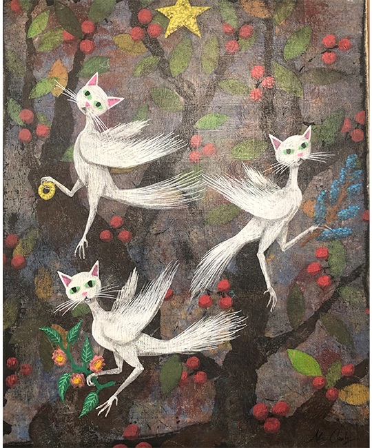 「Catbird Tree」 acrylic＆wax on panel, 27.9×35.5cm