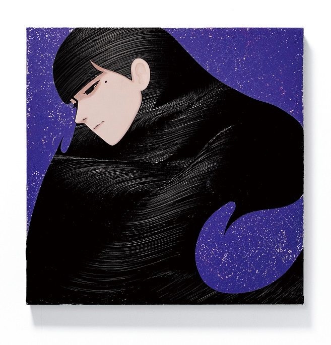 「麗髪 紫銀Ⅱ」 53×53cm 木製パネル、アクリル絵具 2024年