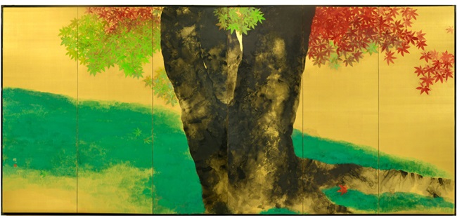「楓樹禮賛図 」、172.0×375.0cm（六曲一隻）、絹本着色