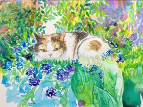 せどはるな「猫の庭－梅雨時－」 （透明水彩・色鉛筆、縦23.2×横32.2cm、額装付き）
