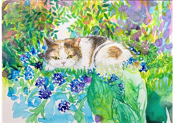 せどはるな「猫の庭－梅雨時－」 （透明水彩・色鉛筆、縦23.2×横32.2cm、額装付き）