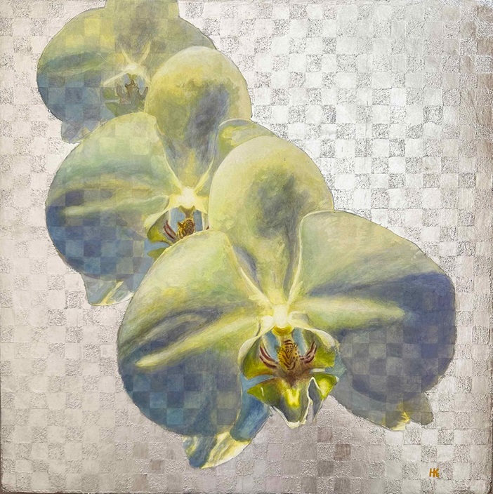 黒沼大泰「Phalaenopsis orchid.png」</span><br>S6号 アクリル、板、プラチナ箔