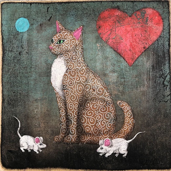 「Cat in Love with the Moon」
acrylic＆wax on panel,
25.4×25.4cm