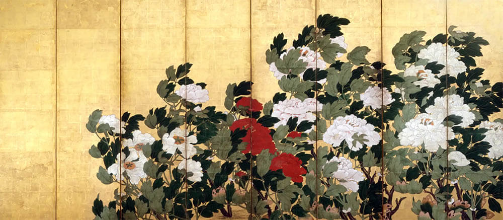 【花、咲う】牡丹図屏風　八曲一双の内左隻　江戸時代 17世紀　徳川美術館蔵