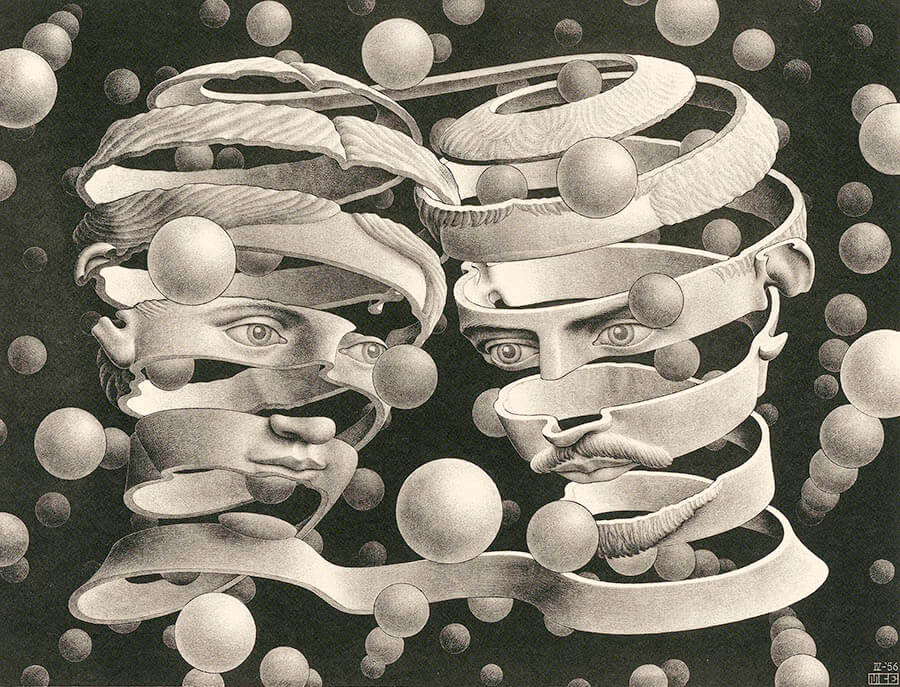 《婚姻の絆》1956 年制作　リトグラフ
Maurits Collection, Italy
All M.C.Escher works © 2024 The M.C.Escher
Company, Baarn, The Netherlands.
All rights reserved　mcescher.com