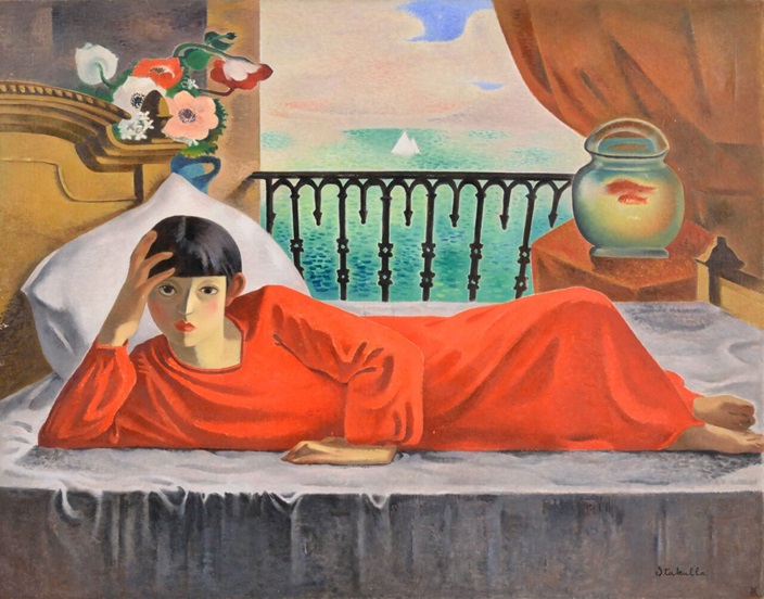 板倉鼎《休む赤い衣の女》1927年　油彩、カンヴァス　個人蔵（松戸市教育委員会寄託）

