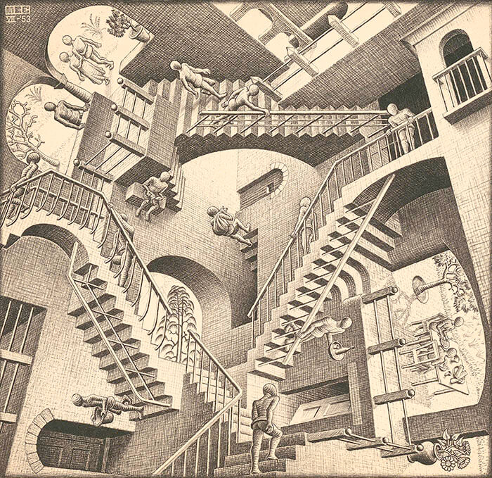 《相対性》1953 年制作　リトグラフ
Maurits Collection, Italy
All M.C.Escher works © 2024 The M.C.Escher
Company, Baarn, The Netherlands.
All rights reserved　mcescher.com