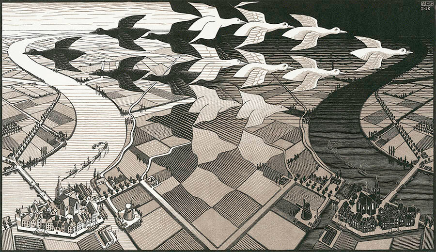 《昼と夜》1938 年制作　木版
Maurits Collection, Italy
All M.C.Escher works © 2024 The M.C.Escher
Company, Baarn, The Netherlands.
All rights reserved　mcescher.com